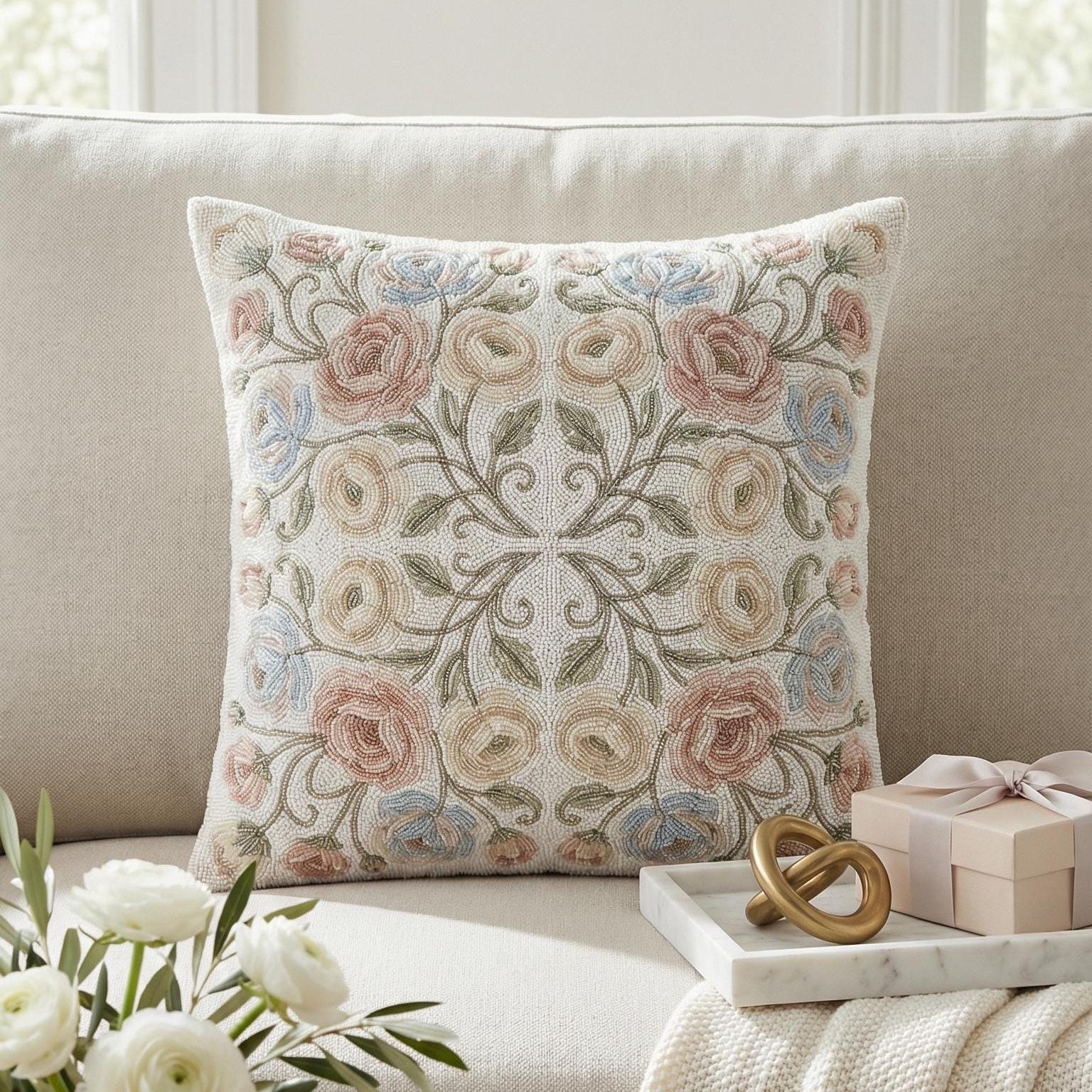 ALL SIZES Hand-beaded Vintage Rose Garden Decorative Pillow - Dusty ...