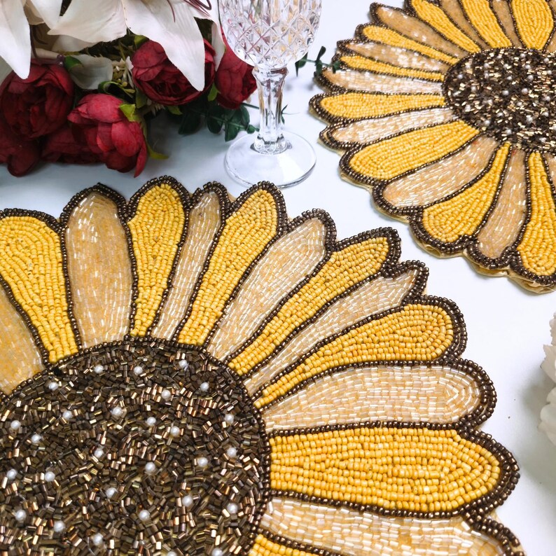 Sunflower Handmade Beaded Placemat, Yellow Spring Tablemat, 14 Inch ...