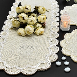 XL Handmade beaded table runner, pearl white, wedding long table runner 13x36, 13x60 and 13x72 inch Gift