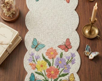 ALL SIZES Colorful Butterfly & Floral Beaded Table Runner - Handcrafted Spring Decor