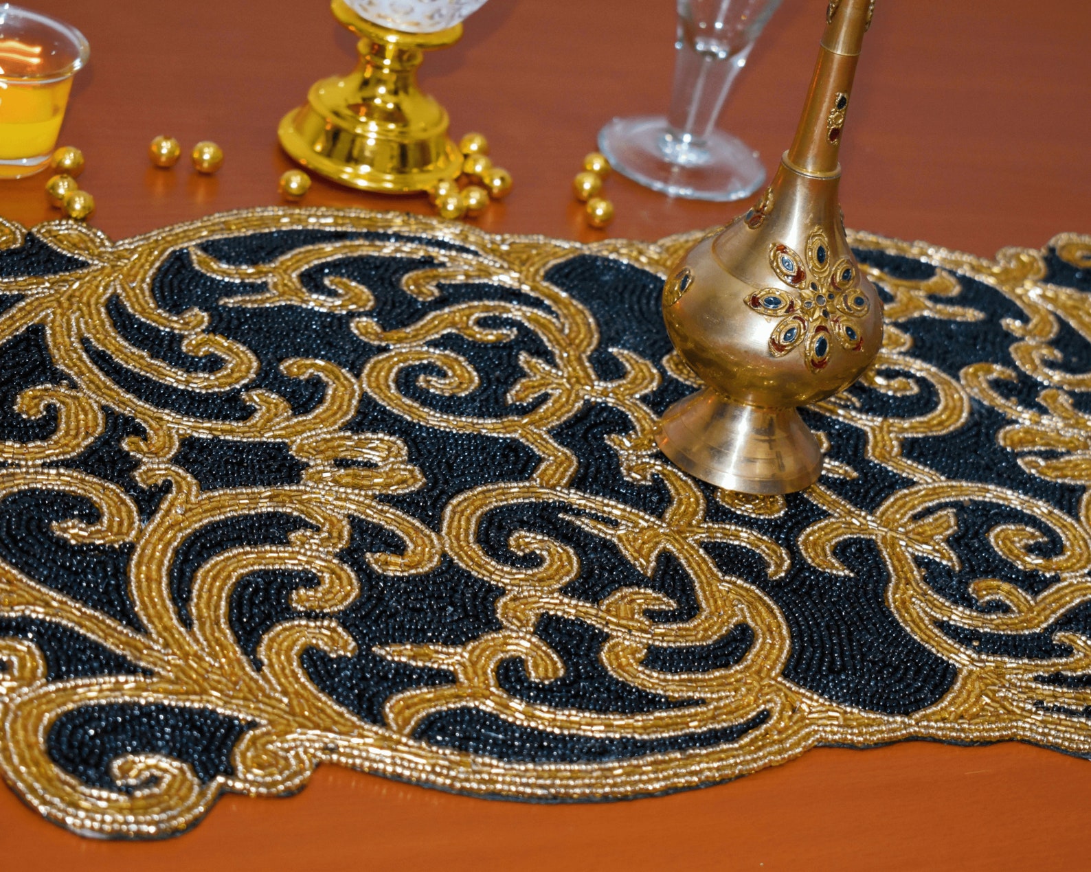 Black Gold Handmade Table Runner, Gold and Black, Hand Beaded Runner ...