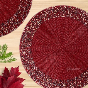 Christmas handmade beaded placemat, round red placemat, red beaded mat, table decoration, gift for her, home décor table topper charger Gift