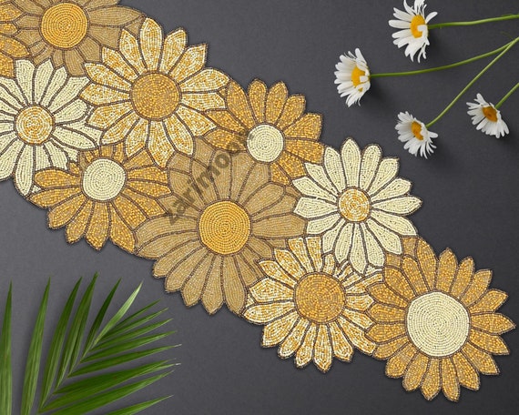 Handmade Table Runner, Beaded Table Runner, Yellow and White Table