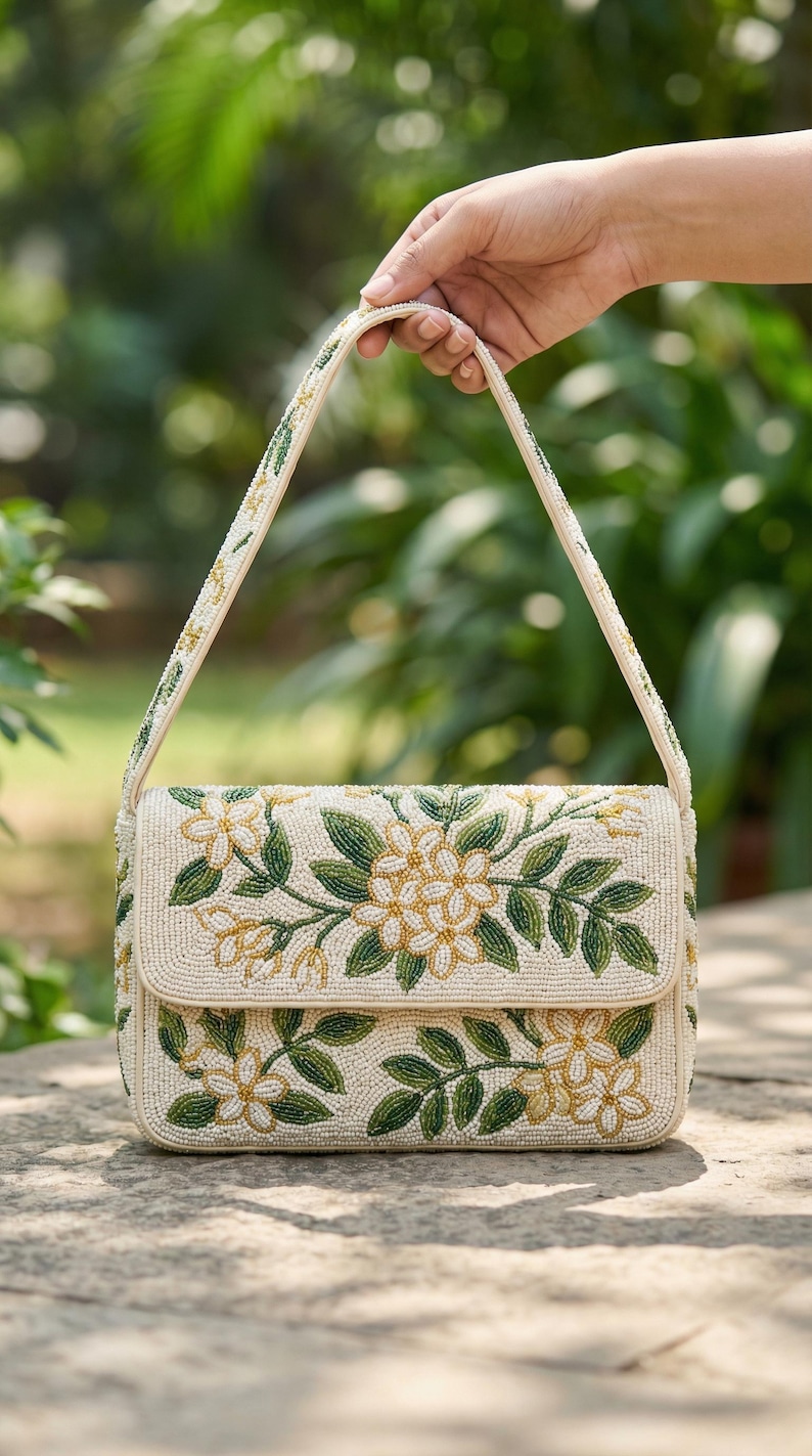 May include: Cream-colored beaded handbag with a floral design. The bag features a flap closure and a beaded handle. The floral pattern includes white and yellow flowers with green leaves. The background is blurred.