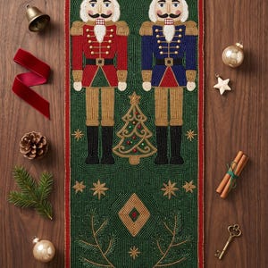Handmade Beaded Christmas Nutcracker Table Runner, Festive Holiday Dining Table Decor, Beaded Soldier Centerpiece, Christmas Gift Home Decor