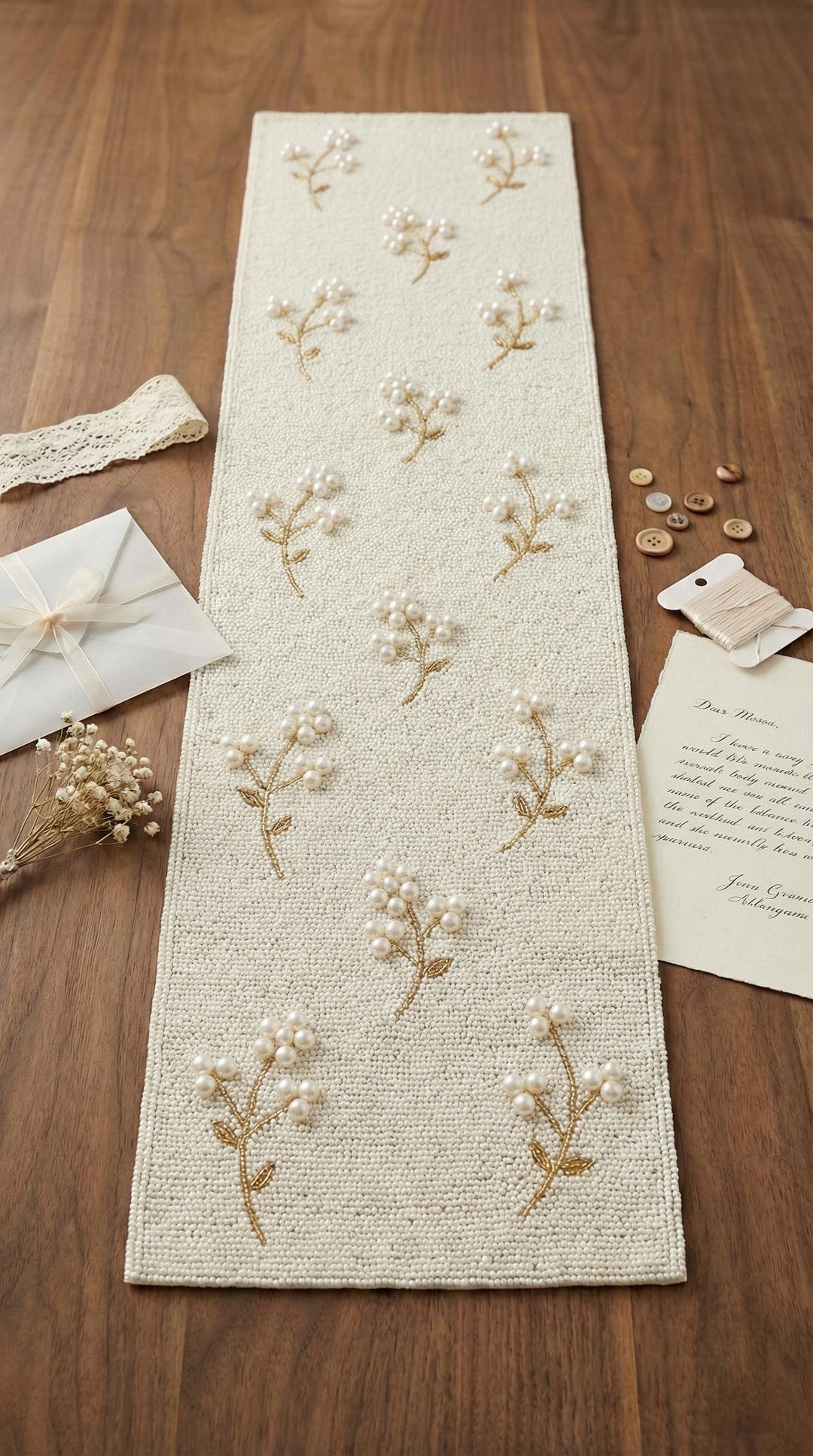White Pearl & Gold Floral Beaded Table Runner - Hand-beaded Spring ...