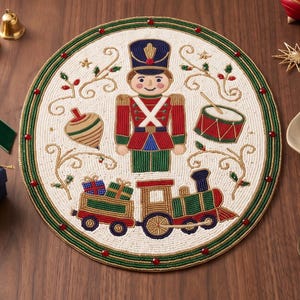 SET OF 2 Christmas Beaded Placemat 14x14 Inch, Nutcracker Train Table Decor, Handmade Holiday Table Mat, Festive Red Green Gold Christmas
