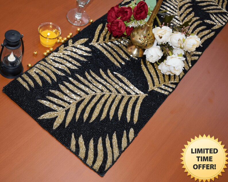 Black Gold Handmade Table Runner, Gold and Black, Hand Beaded Runner ...