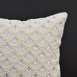 White Pearl Beaded Pillow Cover Luxury Contemporary Beaded Pillow Cover Hand Embroidered Embellished toss Custom Accent Personalised Gift image 6