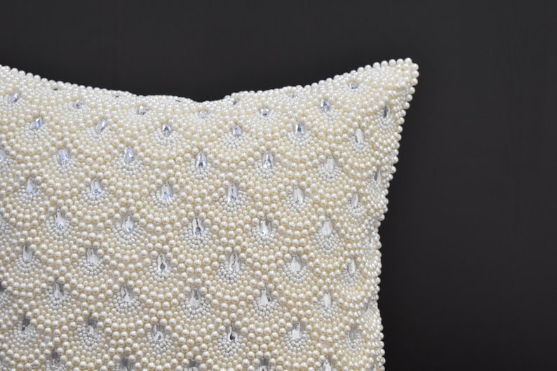 White Pearl Beaded Pillow Cover Luxury Contemporary Beaded Pillow Cover Hand Embroidered Embellished toss Custom Accent Personalised Gift image 6