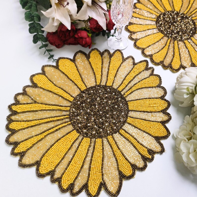 Sunflower Handmade Beaded Placemat, Yellow Spring Tablemat, 14 Inch ...