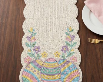 ALL SIZES Hand-Beaded Floral Easter Egg Table Runner - Elegant Pastel Pink, Blue, and Yellow Scalloped Spring Holiday Home Decor