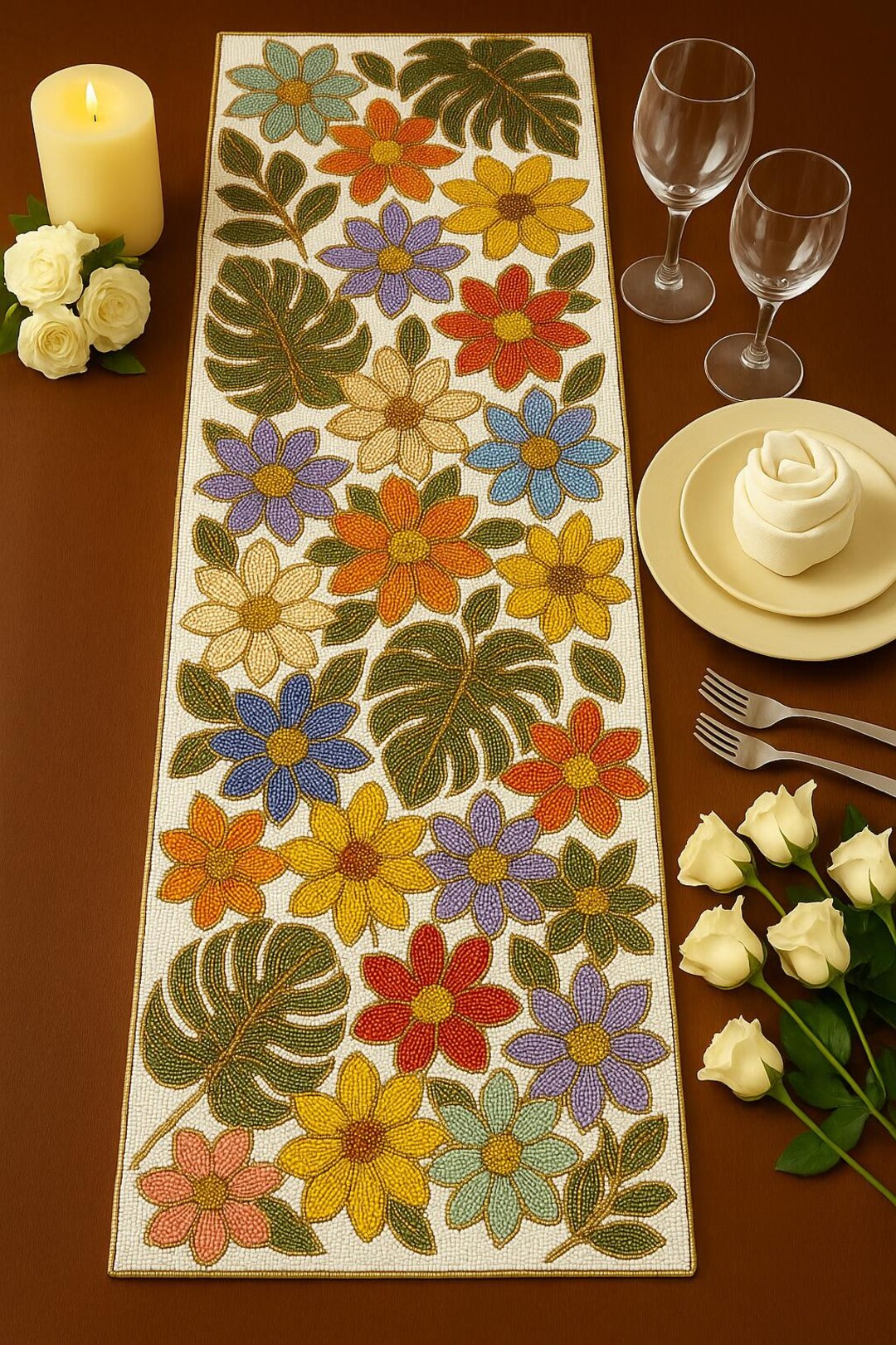 Pumpkin Beaded Table Runner 13x36 | Handmade Fall Beaded Runner