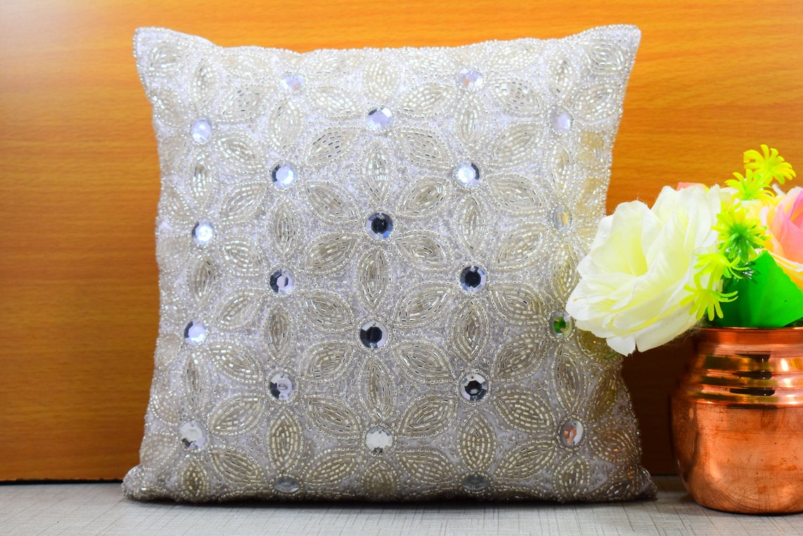 White Silver Beaded Throw Pillow Cover Luxury Contemporary Etsy