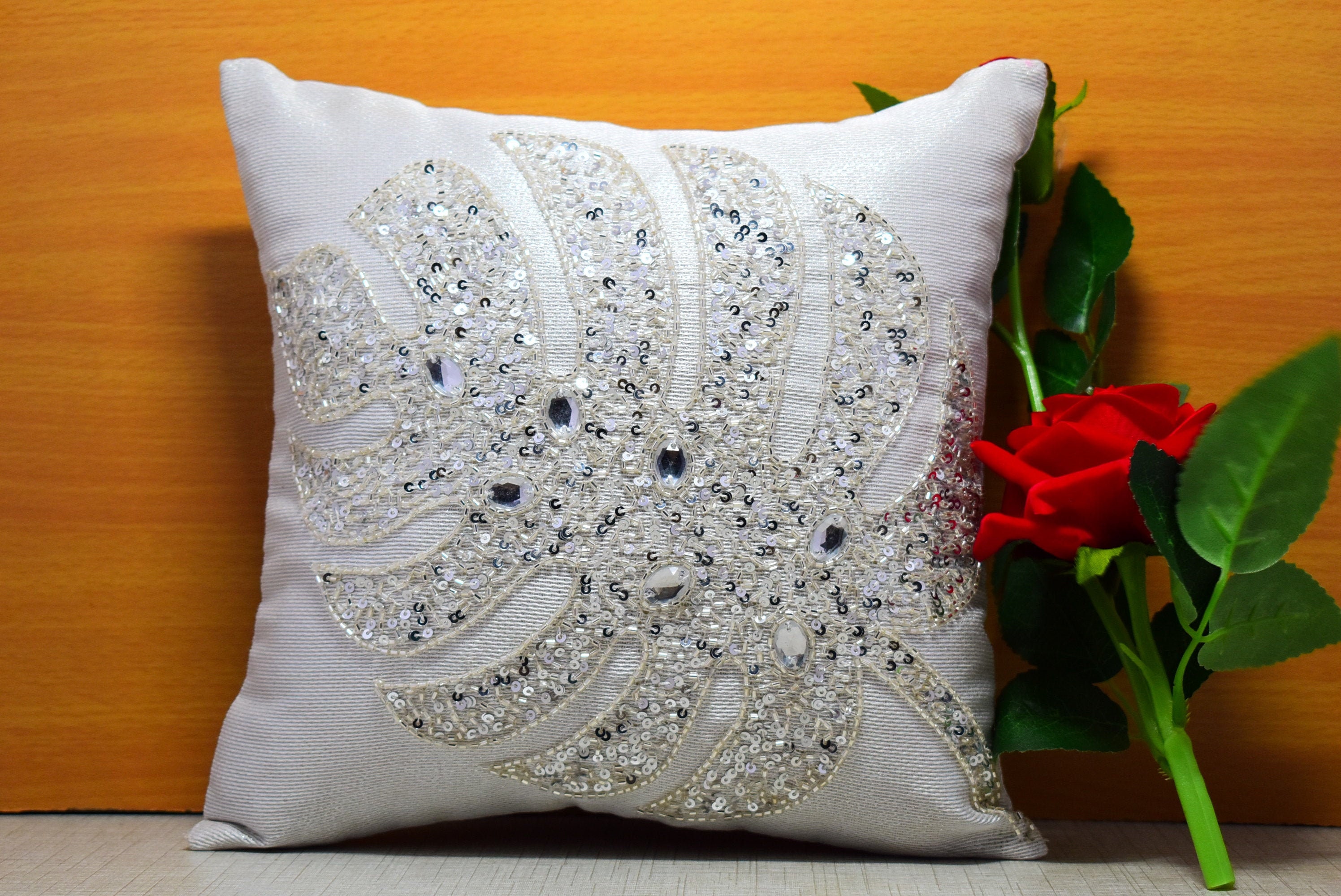 White Silver Crystal Beaded Throw Pillow Cover Luxury Etsy