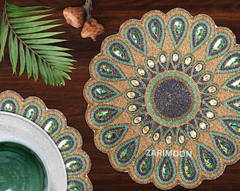 Handmade beaded placemat, green peacock feather round table mat centerpiece table decor house warming decoration gift for her, charger plate