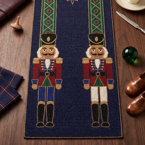Handmade Beaded Nutcracker Table Runner, Christmas Holiday Decor, Festive Dining Table Linens, Christmas Soldier Table Centerpiece, Holiday