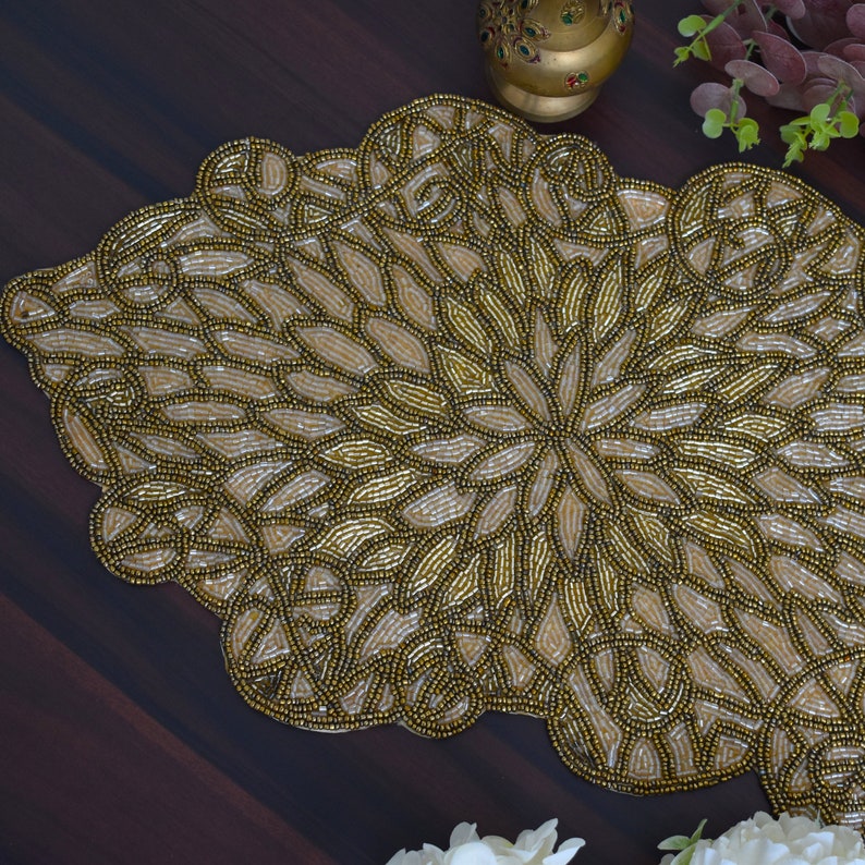 Handmade Bead Table Runner, Gold Table Mat, Hand Beaded Runner ...