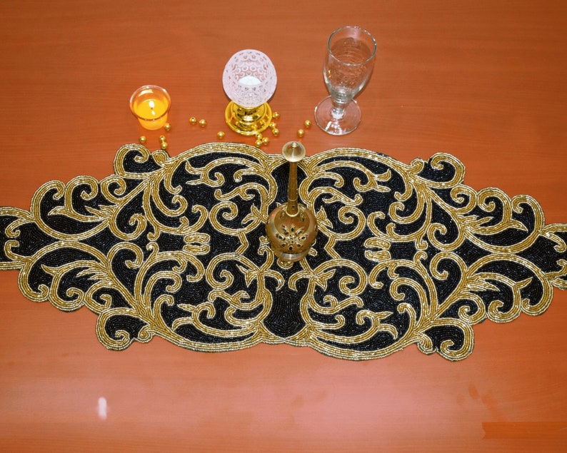 Black Gold Handmade Table Runner, Gold and Black, Hand Beaded Runner ...