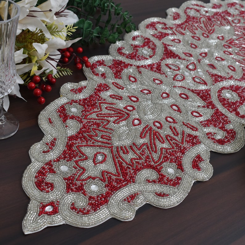 Handmade Table Runner, Beaded Table Runner, Christmas Red Silver Runner ...