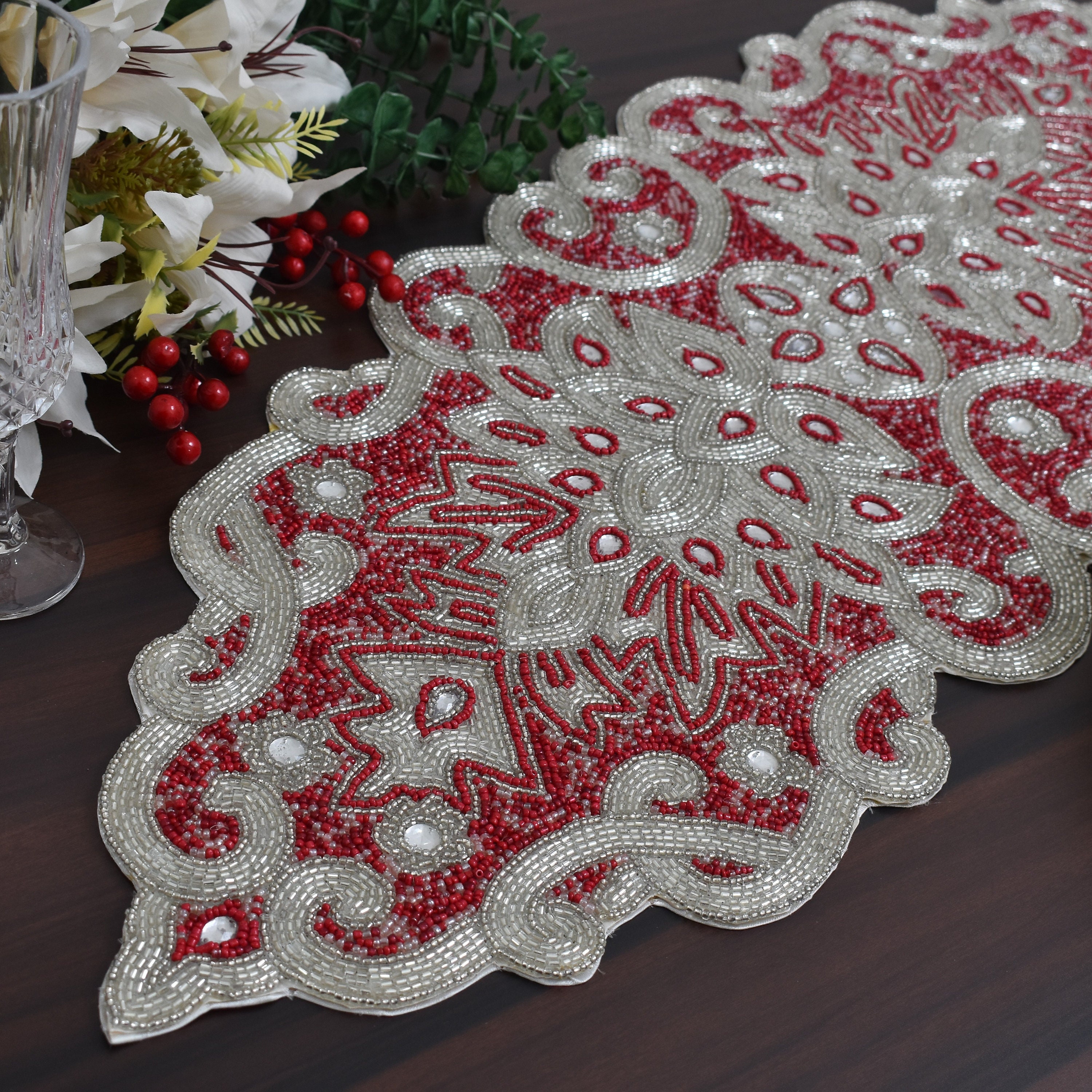Handmade Table Runner, Beaded Table Runner, Christmas Red Silver Runner ...