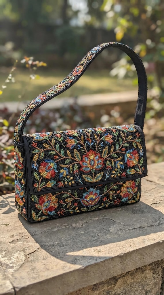Vintage Style Floral Beaded Handbag - Colorful Embroidered Shoulder Bag in Black, Red, Blue & Gold