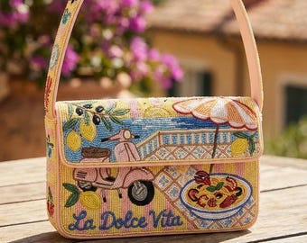 La Dolce Vita Beaded Handbag - Yellow, Pink, and Blue Italian Summer Shoulder Bag - Lemon & Vespa Beaded Purse