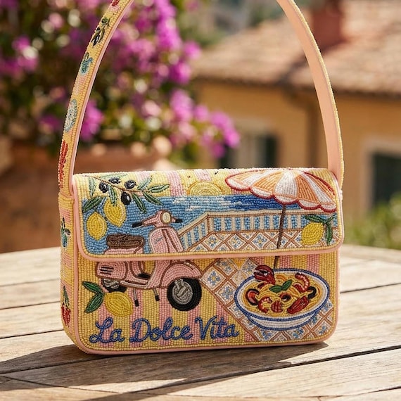 La Dolce Vita Beaded Handbag - Yellow, Pink, and Blue Italian Summer Shoulder Bag - Lemon & Vespa Beaded Purse