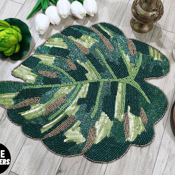 Handmade beaded placemat, Monstera tropical leaf tablemat, 14 inch, green bead charger decorative placemat