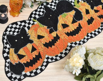 ALL SIZES Handmade Beaded Halloween Table Runner: Pumpkin & Black Cat Decor