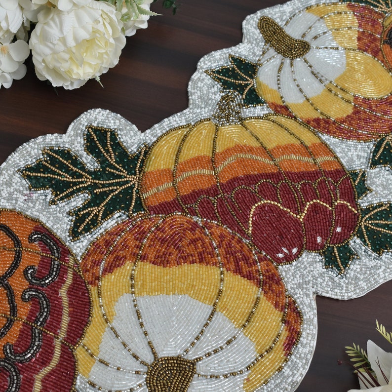 Handmade Bead Table Runner, Pumpkin Table Runner, Pumpkin Fall Gold ...