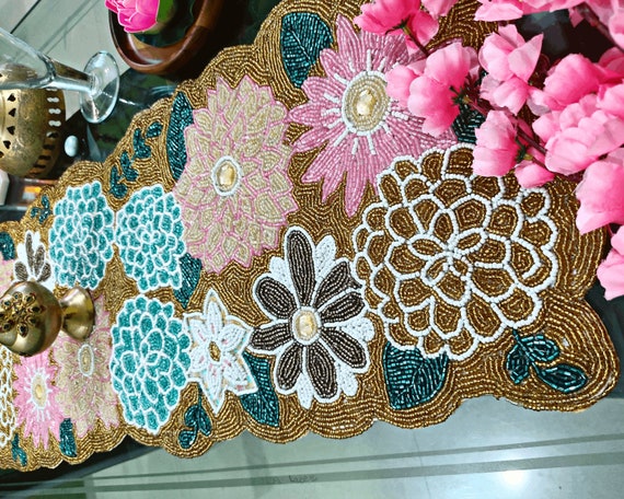 ALL SIZES Handmade Beaded Table Runner, Floral Spring Gold Beaded