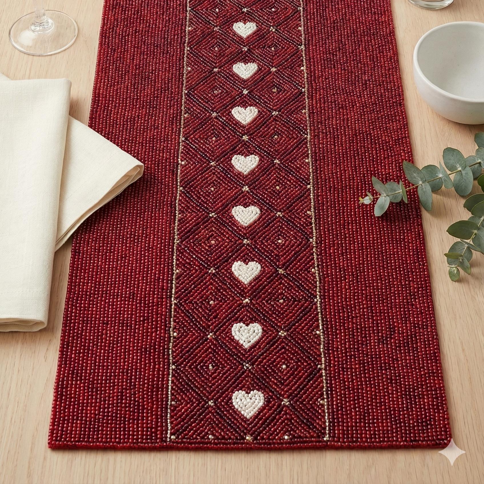 ALL SIZES Maroon Red Beaded Heart Table Runner - Elegant Handmade ...