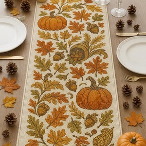 May include: Beige table runner with a fall harvest design. Features orange pumpkins, acorns, and leaves in shades of orange, yellow, and green. The runner is surrounded by pumpkins, pinecones, candles, plates, and glasses.