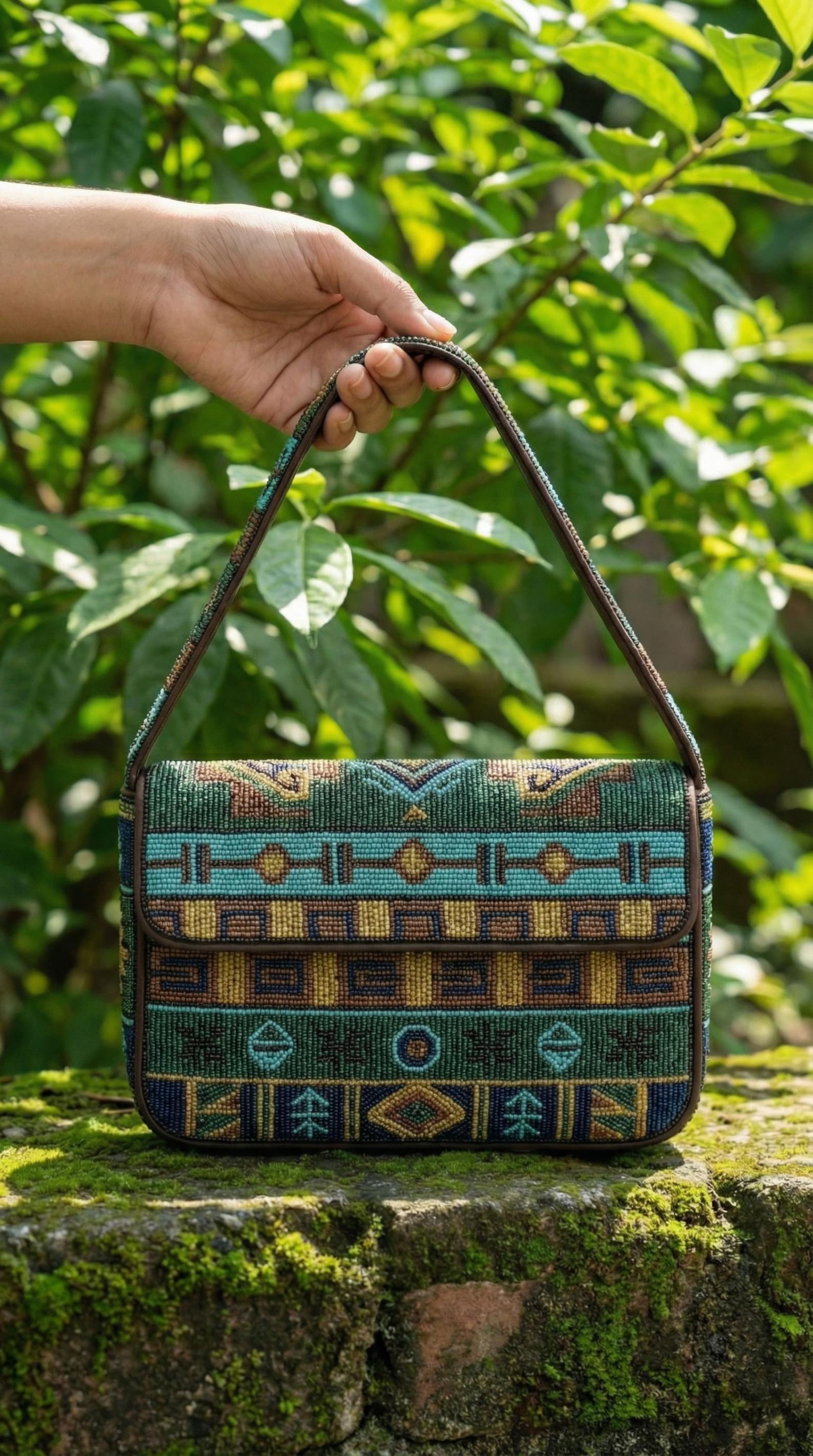 Aztec Geometric Beaded Shoulder Bag - Green, Blue, and Gold Tribal ...