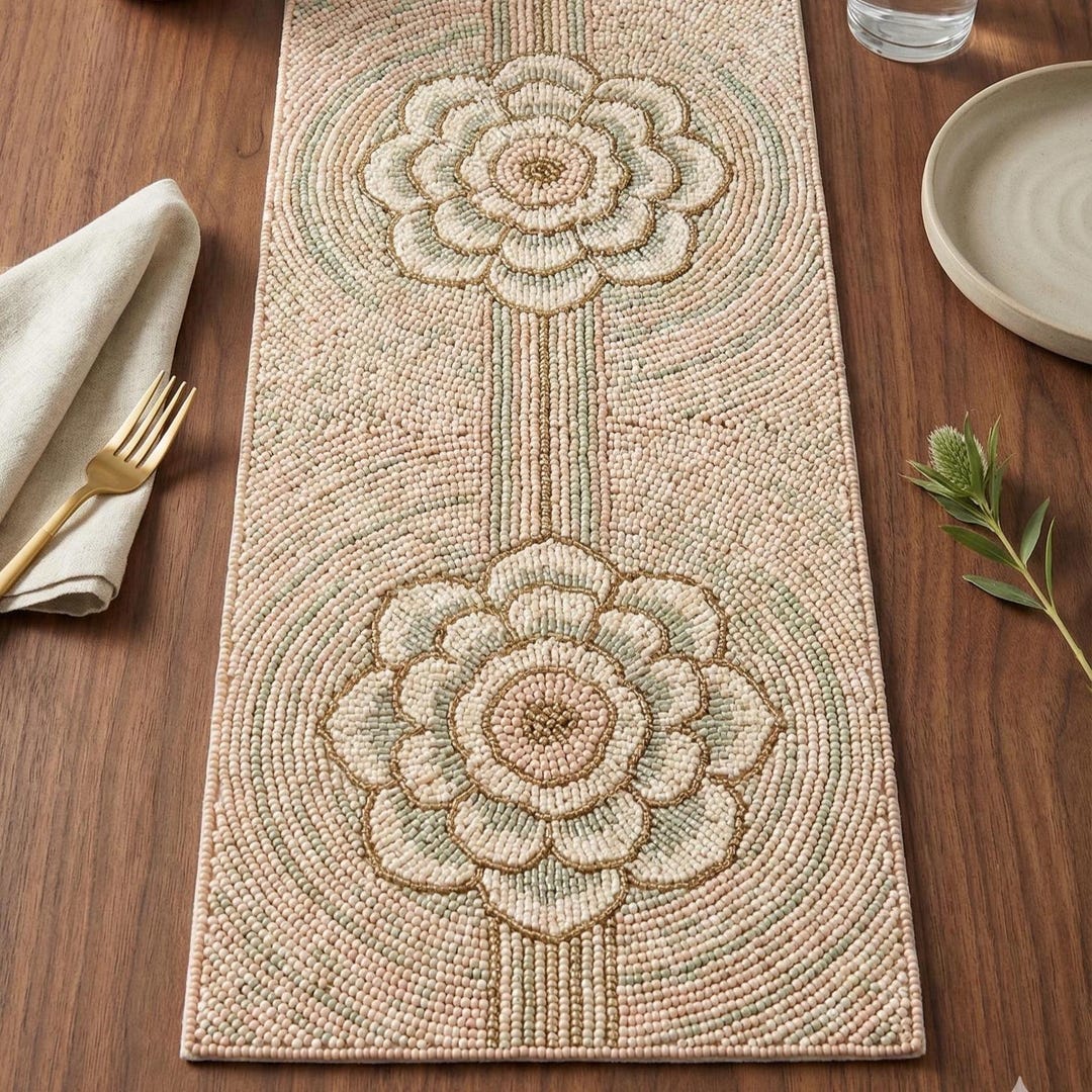 Handmade Pink and Sage Green Floral Beaded Table Runner - Elegant ...