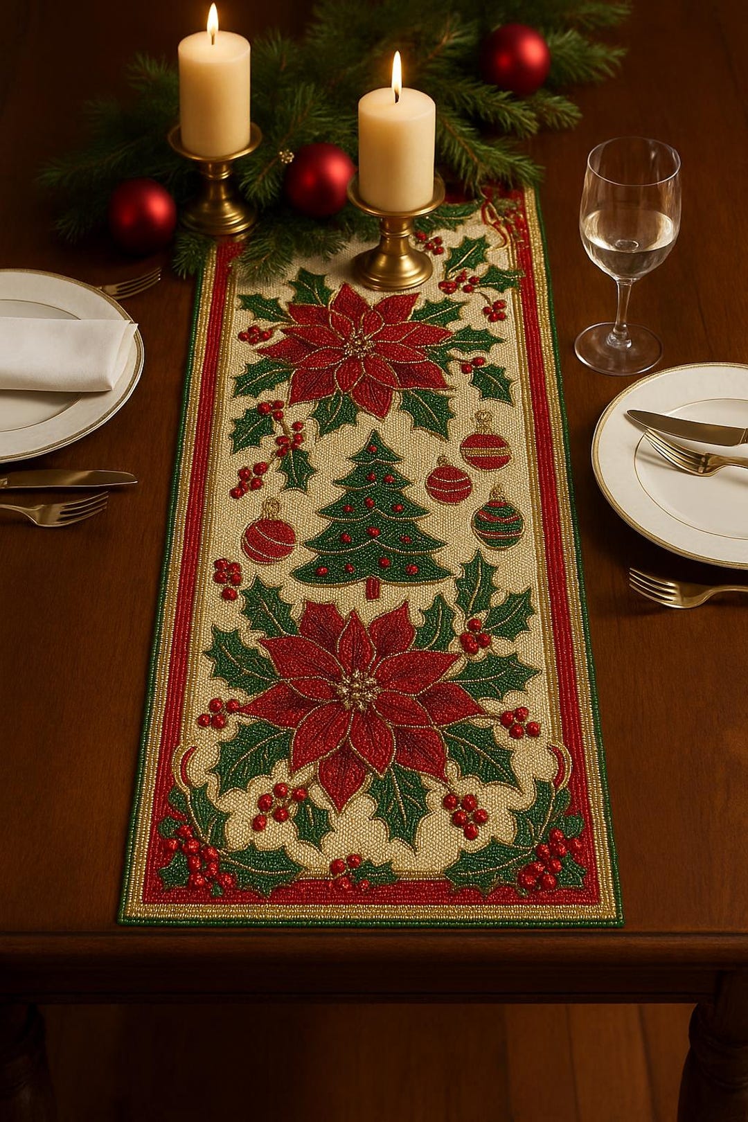 ALL SIZES Poinsettia Christmas Tree Beaded Table Runner 13x36 ...