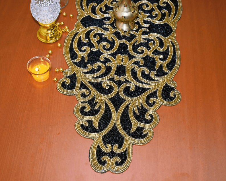 Black Gold Handmade Table Runner, Gold and Black, Hand Beaded Runner ...