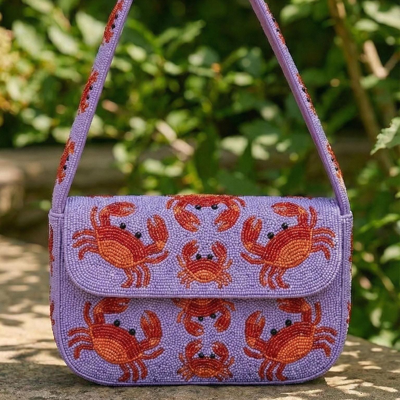 Red Crab Coastal Hand-beaded Shoulder Bag - Lavender Purple and