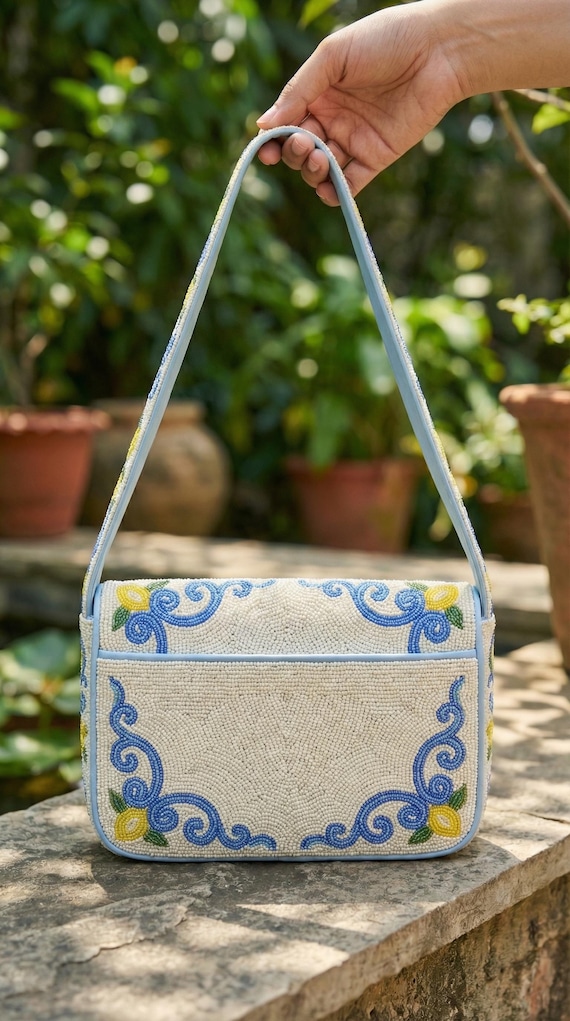 Mediterranean Lemon Hand-beaded Shoulder Bag - Yellow, Blue, and