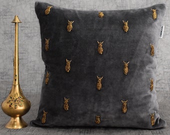 ALL SIZES Grey gold Beaded Pillow Cover Bee Velvet Handmade Halloween Contemporary Beaded Embroidered Embellished Custom Accent Cushion Gift