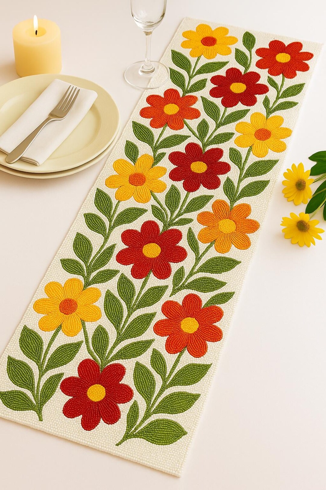 Floral Beaded Table Runner 13x36 | Handmade Beaded Flower Table Decor ...