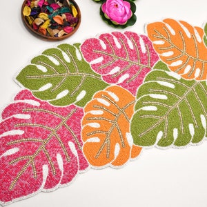 handmade bead table runner, tropical leaves, hand beaded runner, 13x36inchhalloween runner