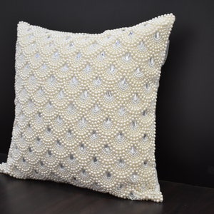 White Pearl Beaded Pillow Cover Luxury Contemporary Beaded Pillow Cover Hand Embroidered Embellished toss Custom Accent Personalised Gift image 5