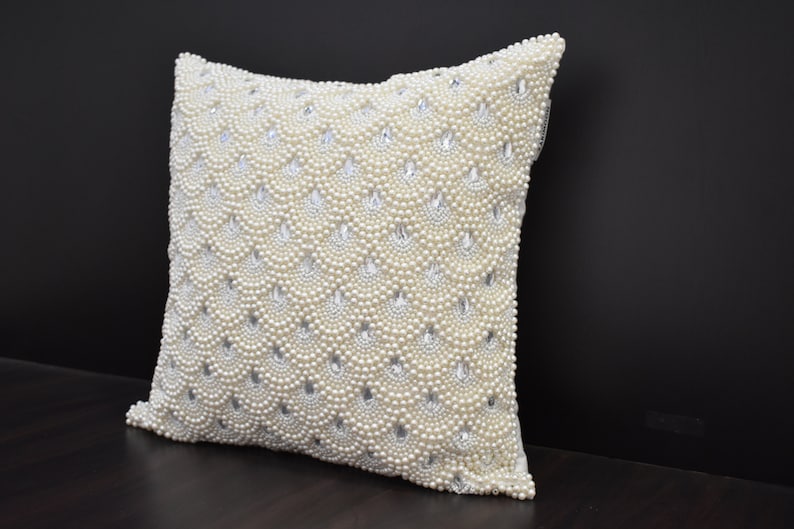 White Pearl Beaded Pillow Cover Luxury Contemporary Beaded Pillow Cover Hand Embroidered Embellished toss Custom Accent Personalised Gift image 5
