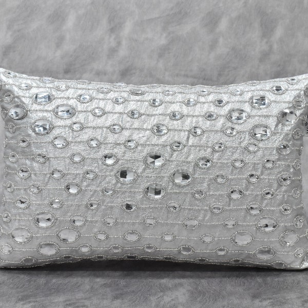 Silver Crystal Throw Pillow Cover Luxury Contemporary Modern Pillow Beaded Hand Embroidered Embellished Custom Accent Personalised