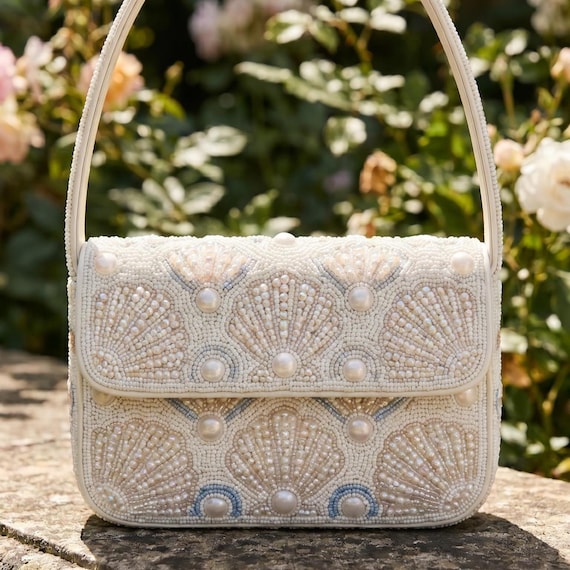 White Cream Pearl Beaded Seashell Handbag - Bridal Mermaid Beach Evening Shoulder Bag