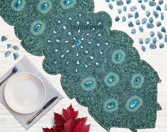 ALL SIZES Peacock handmade table runner, beaded table runner, blue and green table mat beaded charger 13x36inch Gift