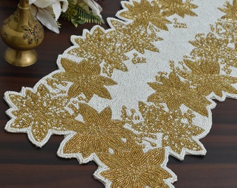Christmas Handmade bead table runner, white and gold floral, luxury beaded mat, hand beaded runner, 13x36 inch runner