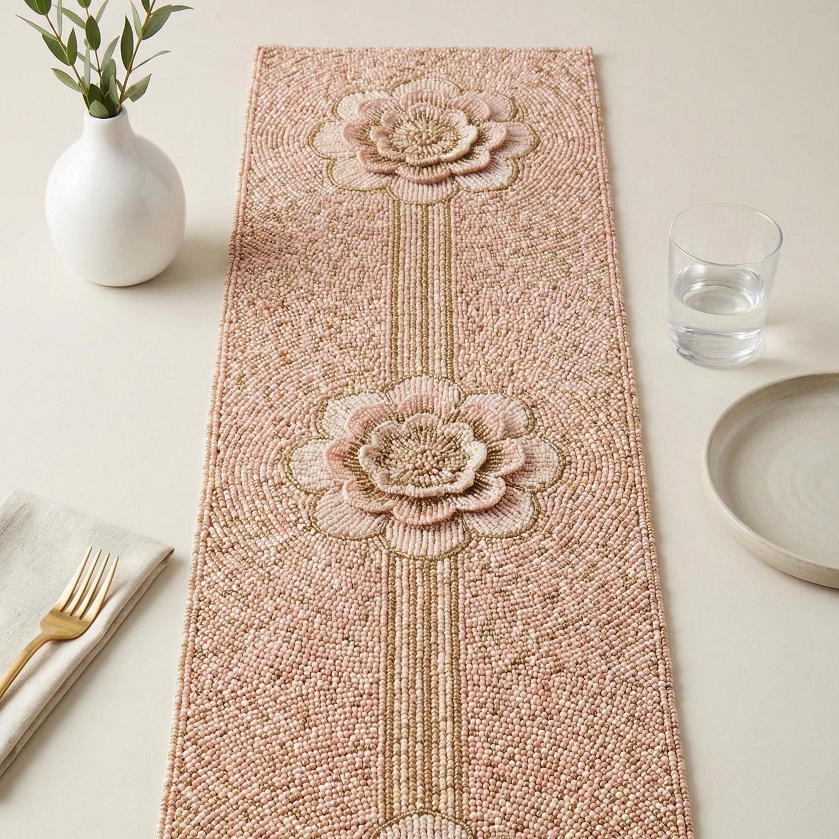 Handmade Pink Floral Beaded Table Runner - Elegant Flower Motif - Etsy